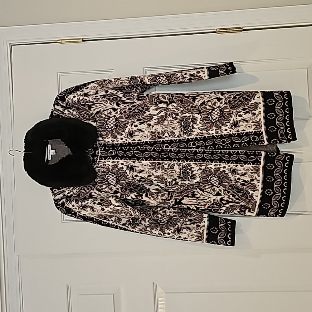 Isaac Mizrahi Live! Sweater Jacket with Faux Fur,Size XS, Gray, Black and White